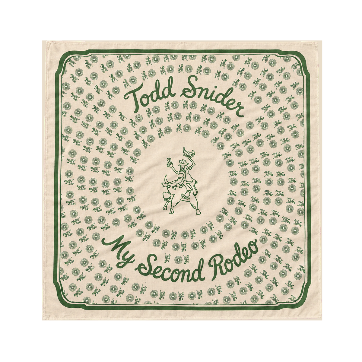 My Second Rodeo bandana laid open - Todd Snider bull rider, full green print on cream