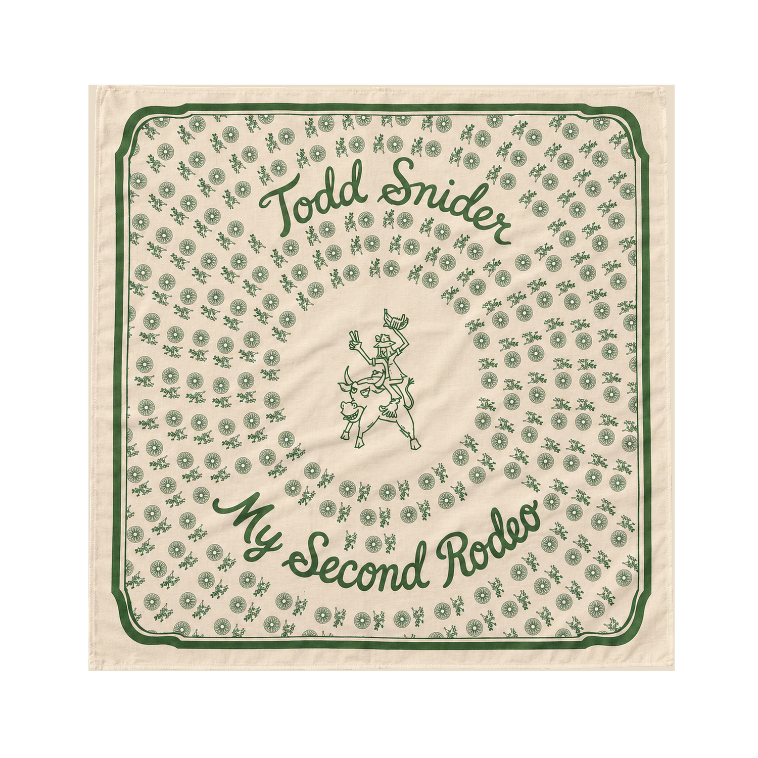 My Second Rodeo bandana laid open - Todd Snider bull rider, full green print on cream