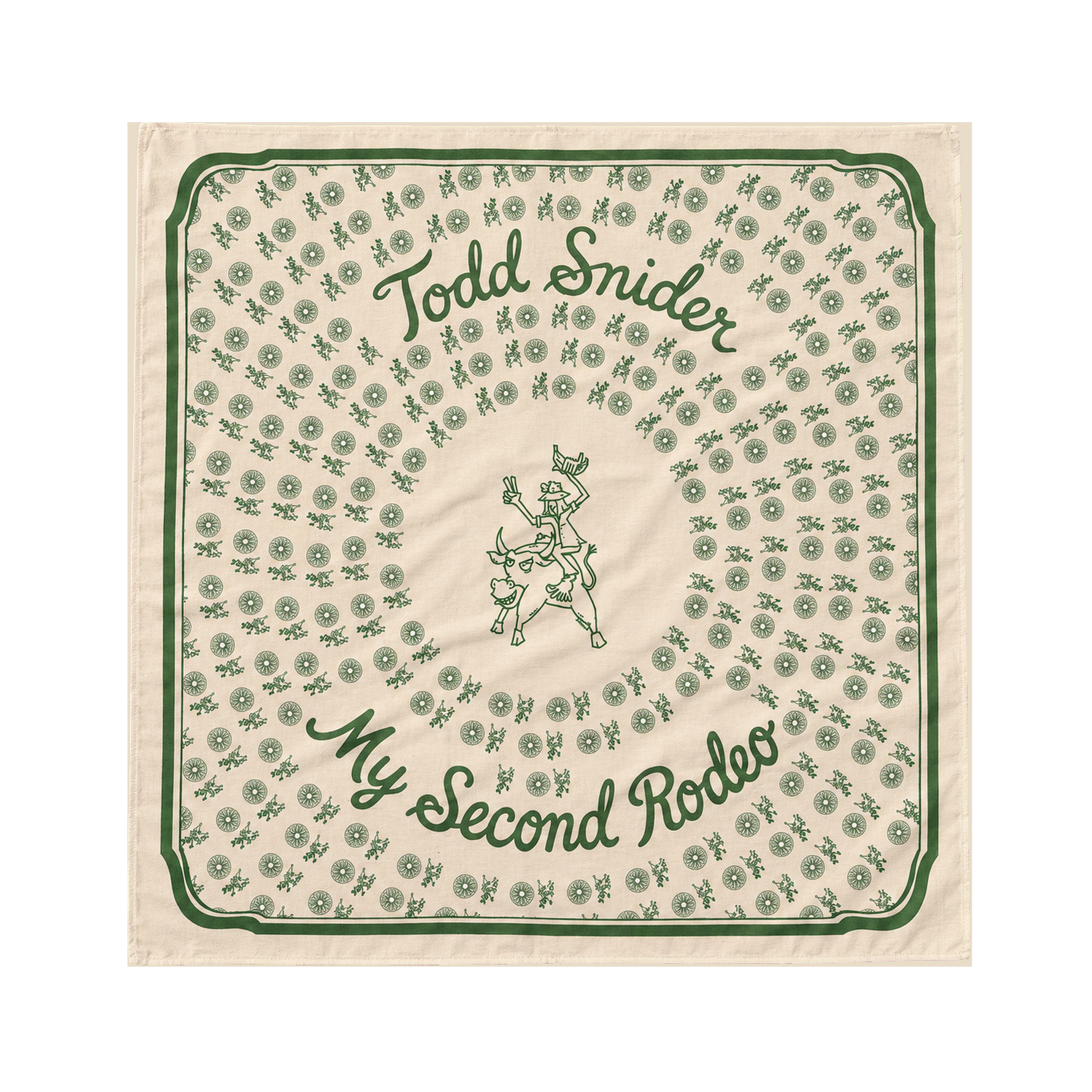 My Second Rodeo bandana laid open - Todd Snider bull rider, full green print on cream