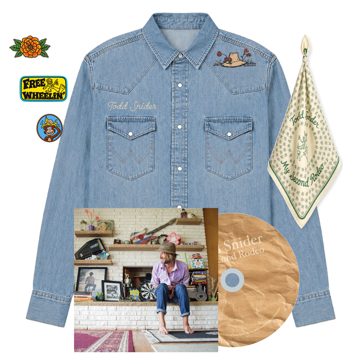 Here Comes a Cowboy Bundle with CD - embroidered denim western shirt, three patches, bandana and My Second Rodeo CD