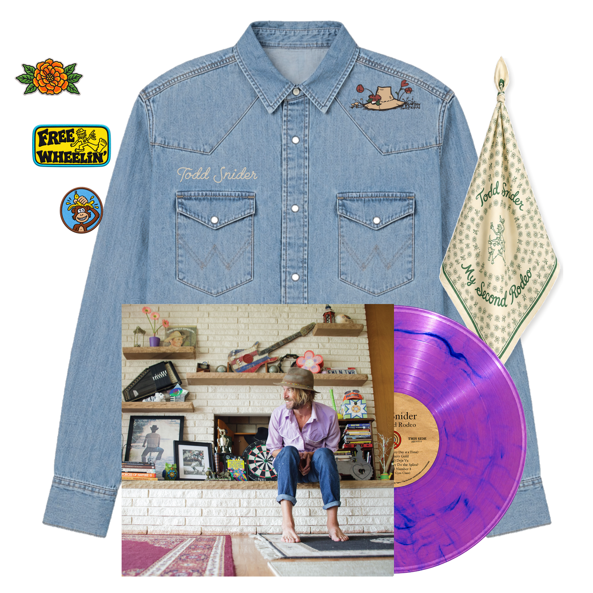 Here Comes a Cowboy Bundle with vinyl - embroidered denim western shirt, three patches, bandana and My Second Rodeo Deluxe Synthwave vinyl