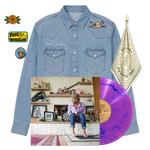 Here Comes a Cowboy Bundle with vinyl - embroidered denim western shirt, three patches, bandana and My Second Rodeo Deluxe Synthwave vinyl