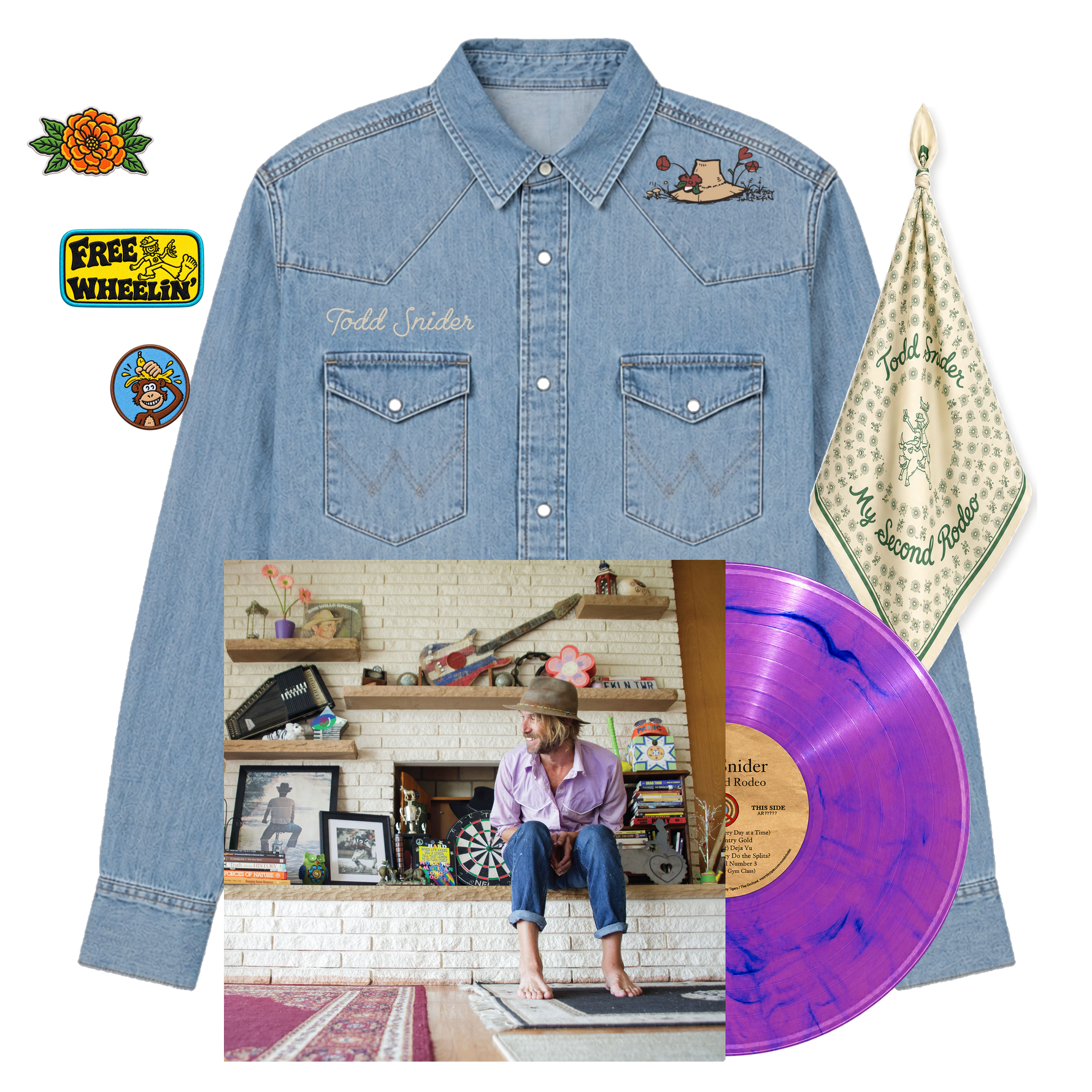 Here Comes a Cowboy Bundle with vinyl - embroidered denim western shirt, three patches, bandana and My Second Rodeo Deluxe Synthwave vinyl