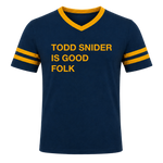 Todd Snider is Good Folk shirt, gold on navy