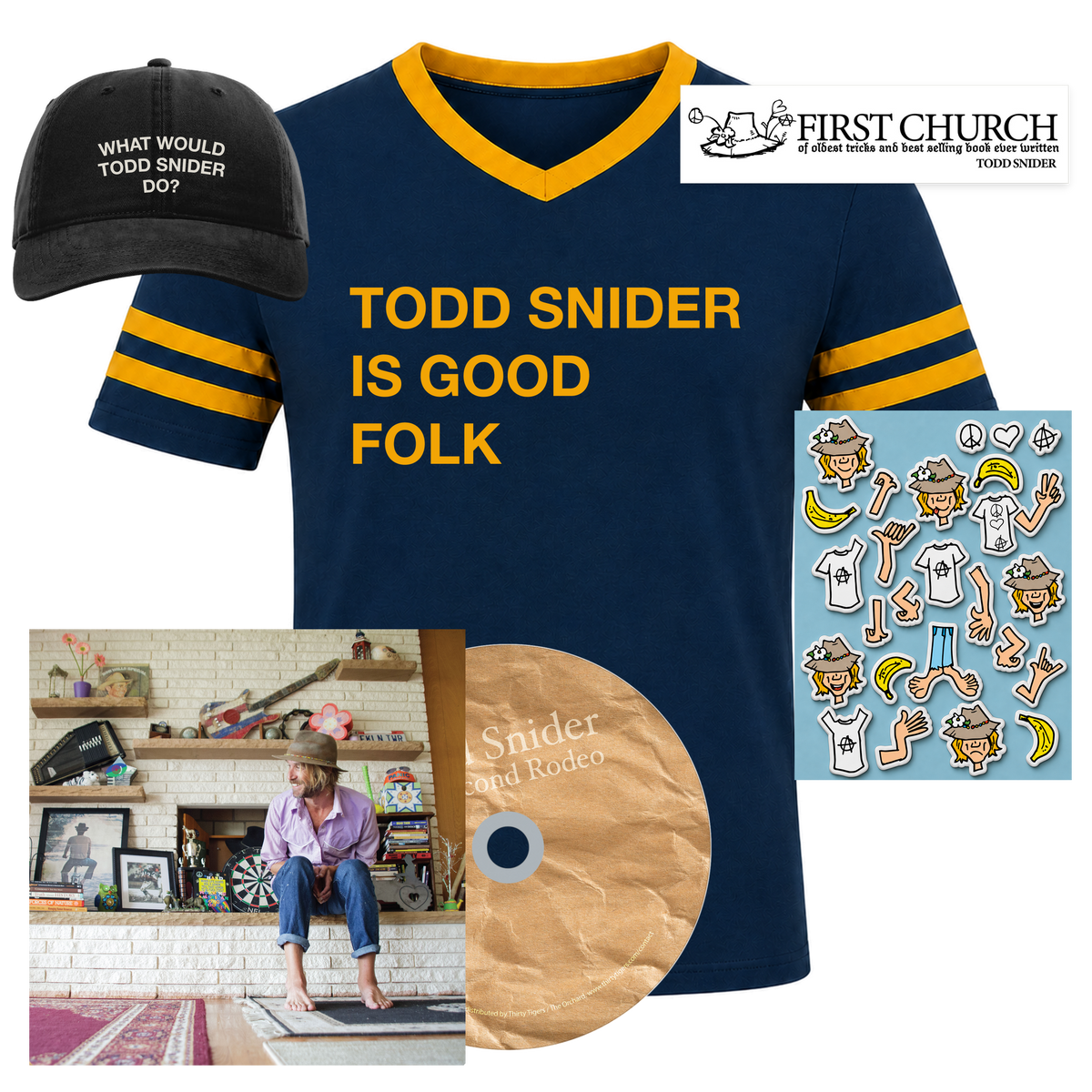 Good Folk Bundle with CD - What Would Todd Snider Do? hat, Todd Snider is Good Folk shirt, First Church sticker, magnet set and My Second Rodeo CD
