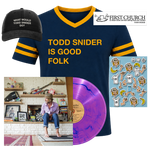Good Folk Bundle with vinyl - What Would Todd Snider Do? hat, Todd Snider is Good Folk shirt, First Church sticker, magnet set and My Second Rodeo Deluxe Synthwave vinyl