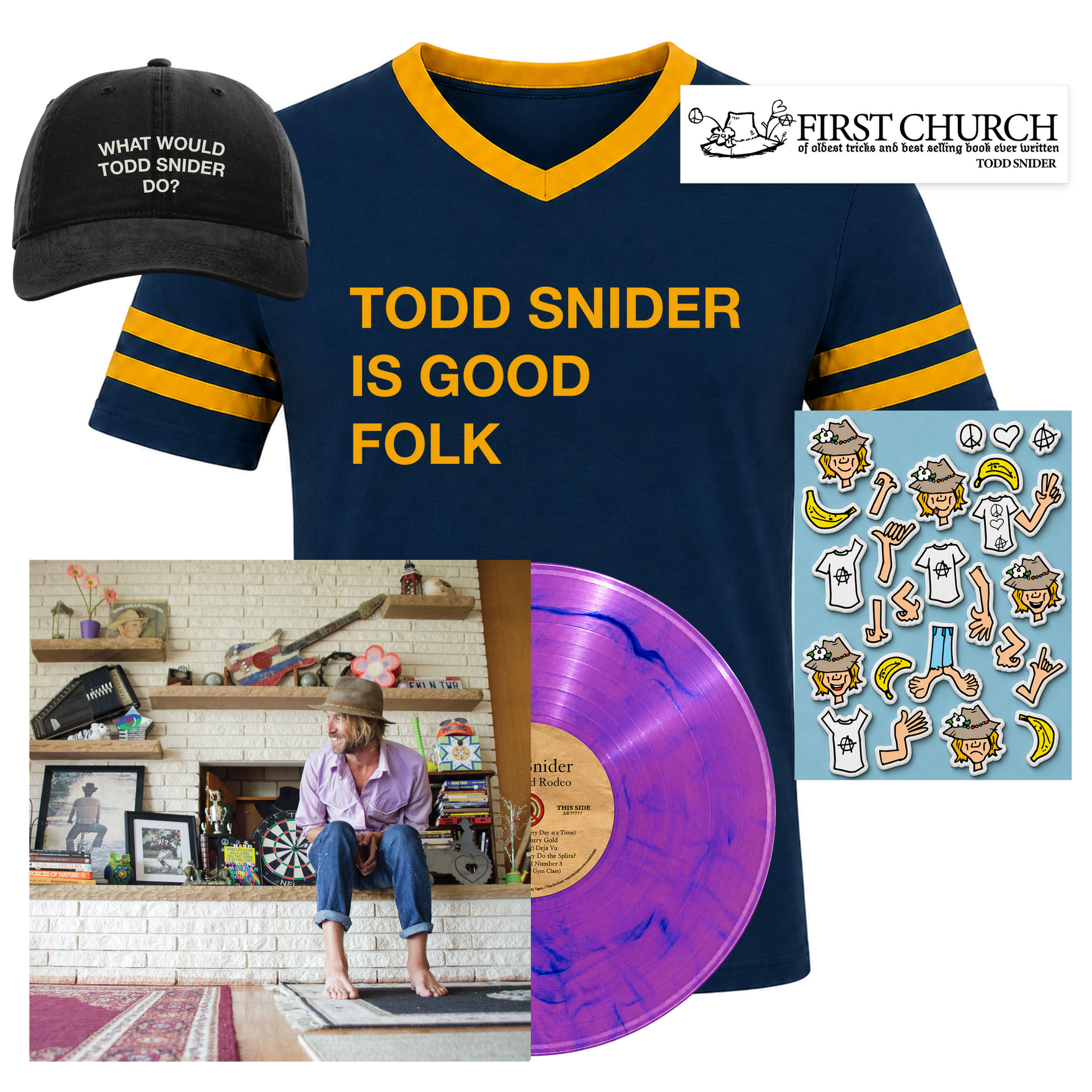 Good Folk Bundle with vinyl - What Would Todd Snider Do? hat, Todd Snider is Good Folk shirt, First Church sticker, magnet set and My Second Rodeo Deluxe Synthwave vinyl