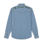 My Second Rodeo embroidered denim western shirt, back - My Second Rodeo chain-stitched across the yoke