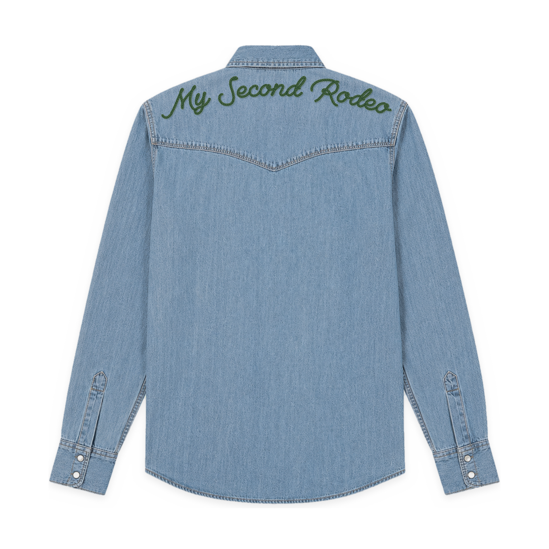 My Second Rodeo embroidered denim western shirt, back - My Second Rodeo chain-stitched across the yoke