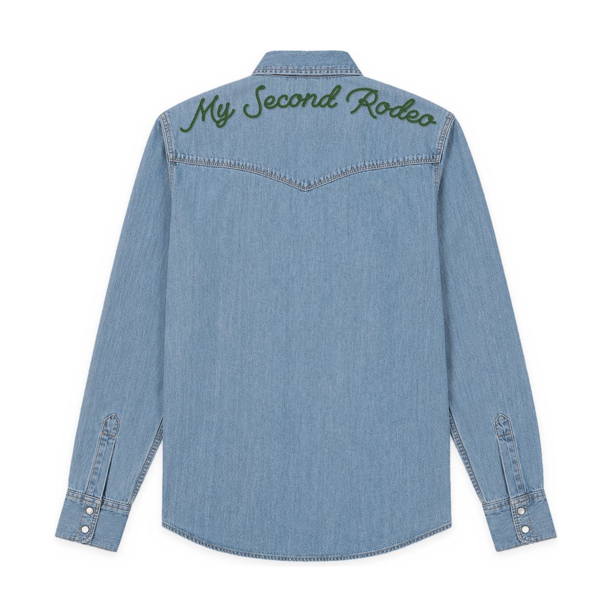 My Second Rodeo embroidered denim western shirt, back - My Second Rodeo embroidered in green across the yoke