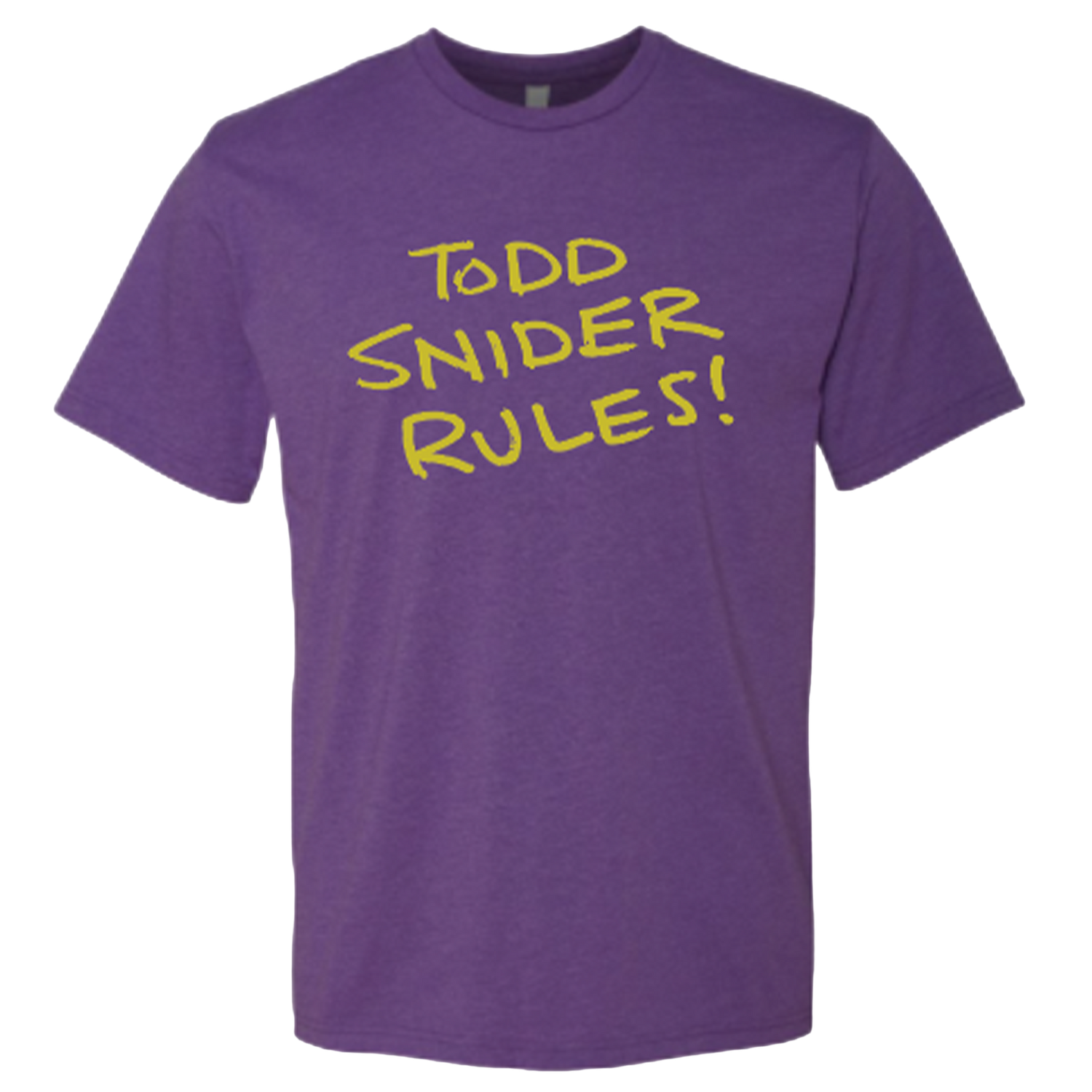 Purple t-shirt with yellow text 'Todd Snider Rules!' on a white background